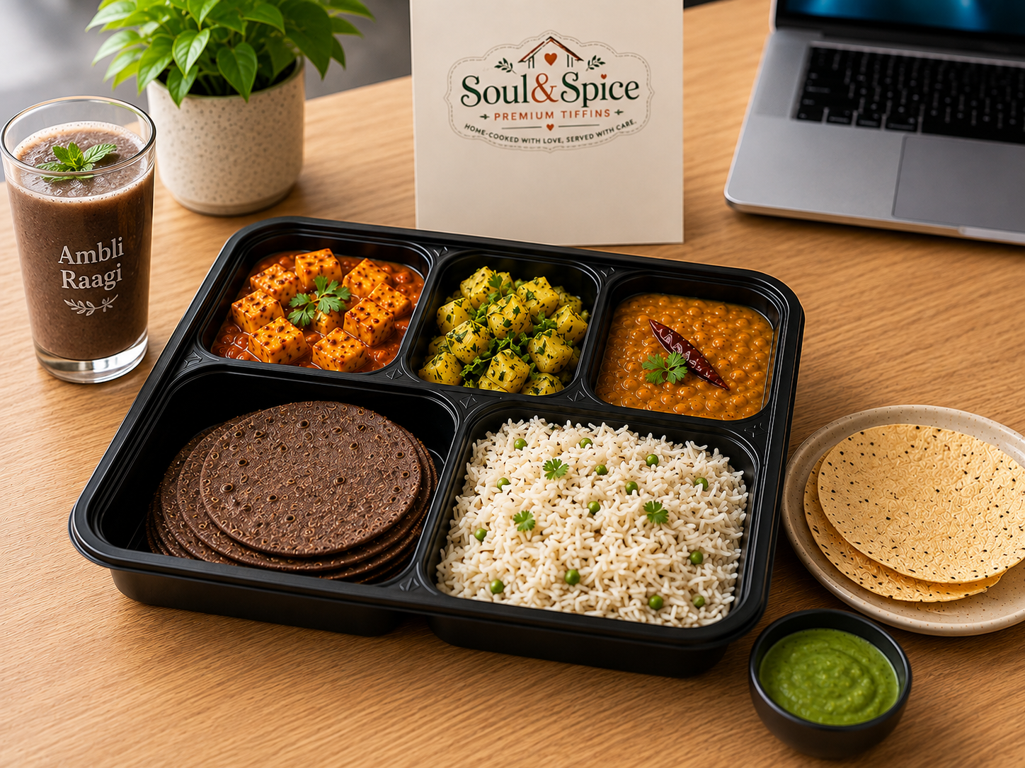 Soul & Spice vegetarian tiffin box on an office desk